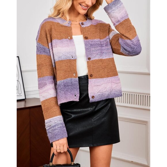 Women's Color Block Knit Cardigan Small Fall Sweater Casual Layering - Picture 3 of 8